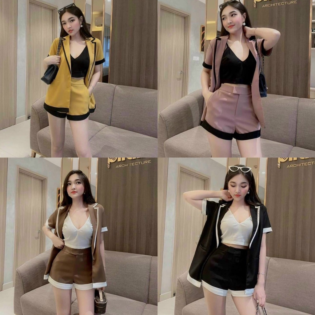 Set bộ 3 món viền né: Áo khoác vest mix áo 2 dây,quần đùi 4 màu như hình ( đen,vàng,hồng,nâu )