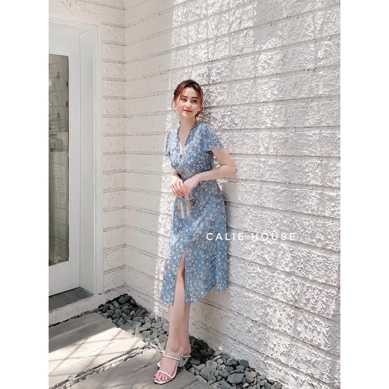 BÁN SỈ VÁY HOA TƠ CỔ V 2 MÀU XANH VÀNG CHO NỮ | BigBuy360 - bigbuy360.vn