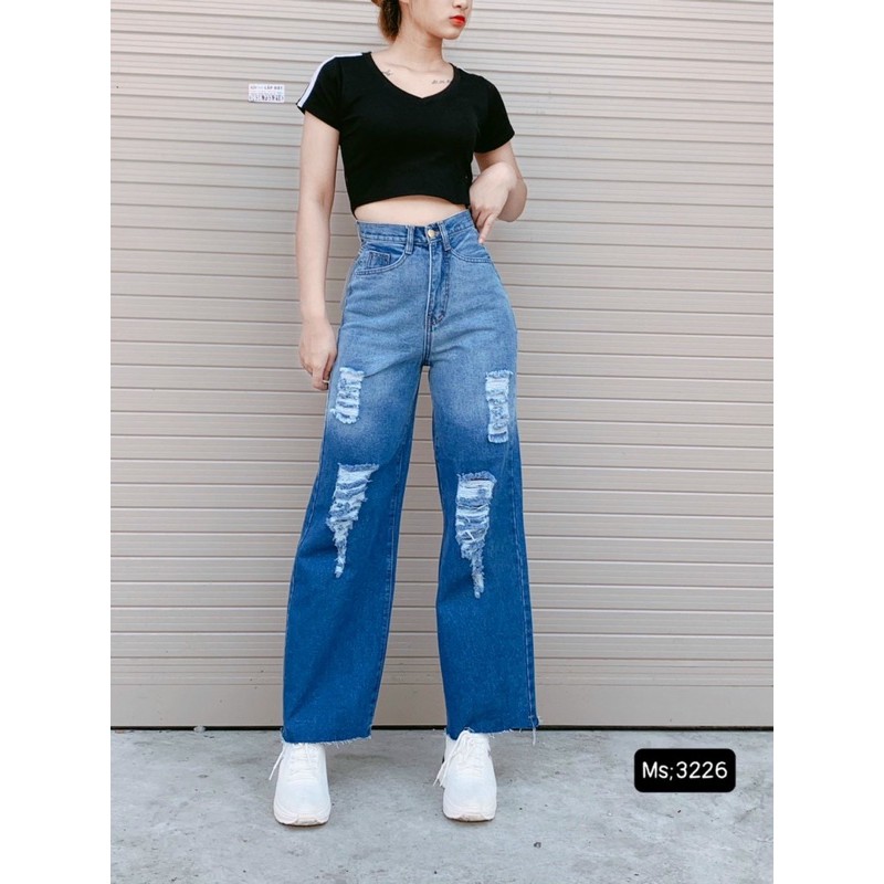 Quần baggy jeans ống rộng, quần bò jean baggy ống rộng lưng cao rách gối phối màu