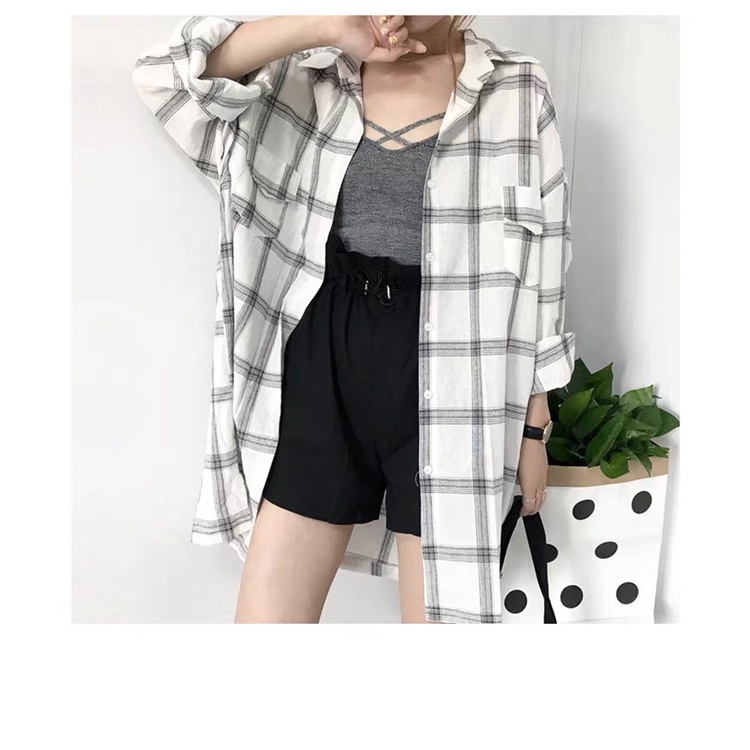 Áo sơ mi SUXI tay dài dáng rộng kẻ sọc caro trẻ trung phong cách Hàn Quốc cho nữ