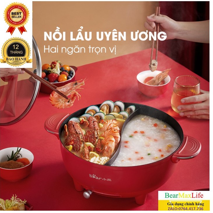 Nồi lẩu uyên ương Bear phiên bản Tết Cổ Truyền màu đỏ 2 ngăn 6L Phù hợp cho 4-10 người ăn
