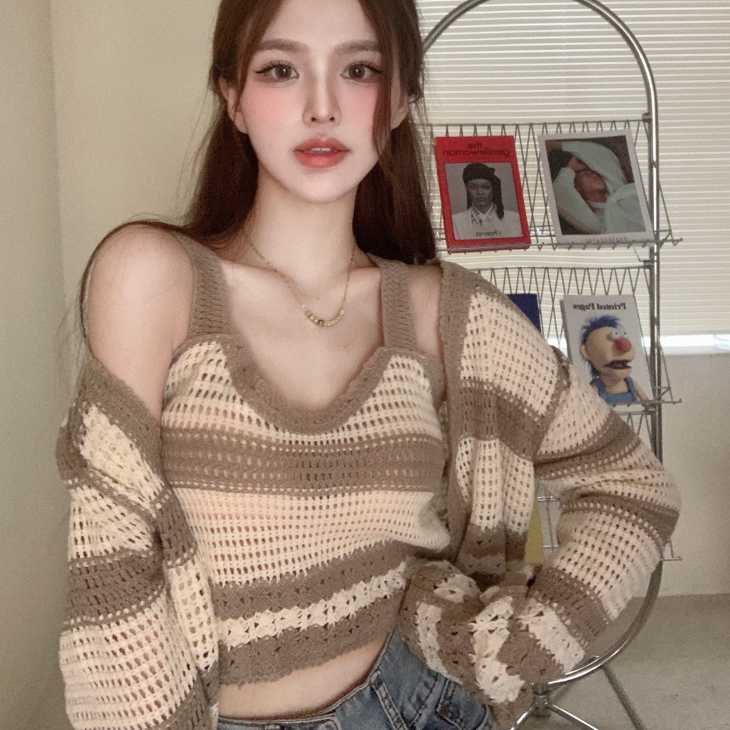 SUXI Áo Croptop Dệt Kim Tay Dài Kẻ Sọc Phong Cách Hàn Quốc