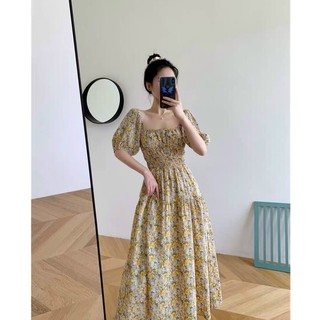 Đầm Nữ Dáng Xòe Dập Ly Nhún Eo Họa Tiết Hoa Cánh Vàng Mang Phong Cách Tiểu Thư Sang Trọng Dạo Phố Dự Tiệc- Winchois