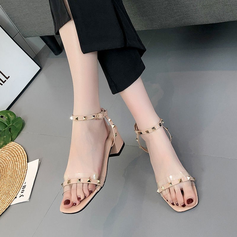 Giày sandal cao gót đế vuông quai đính đinh tán thời trang cho nữ