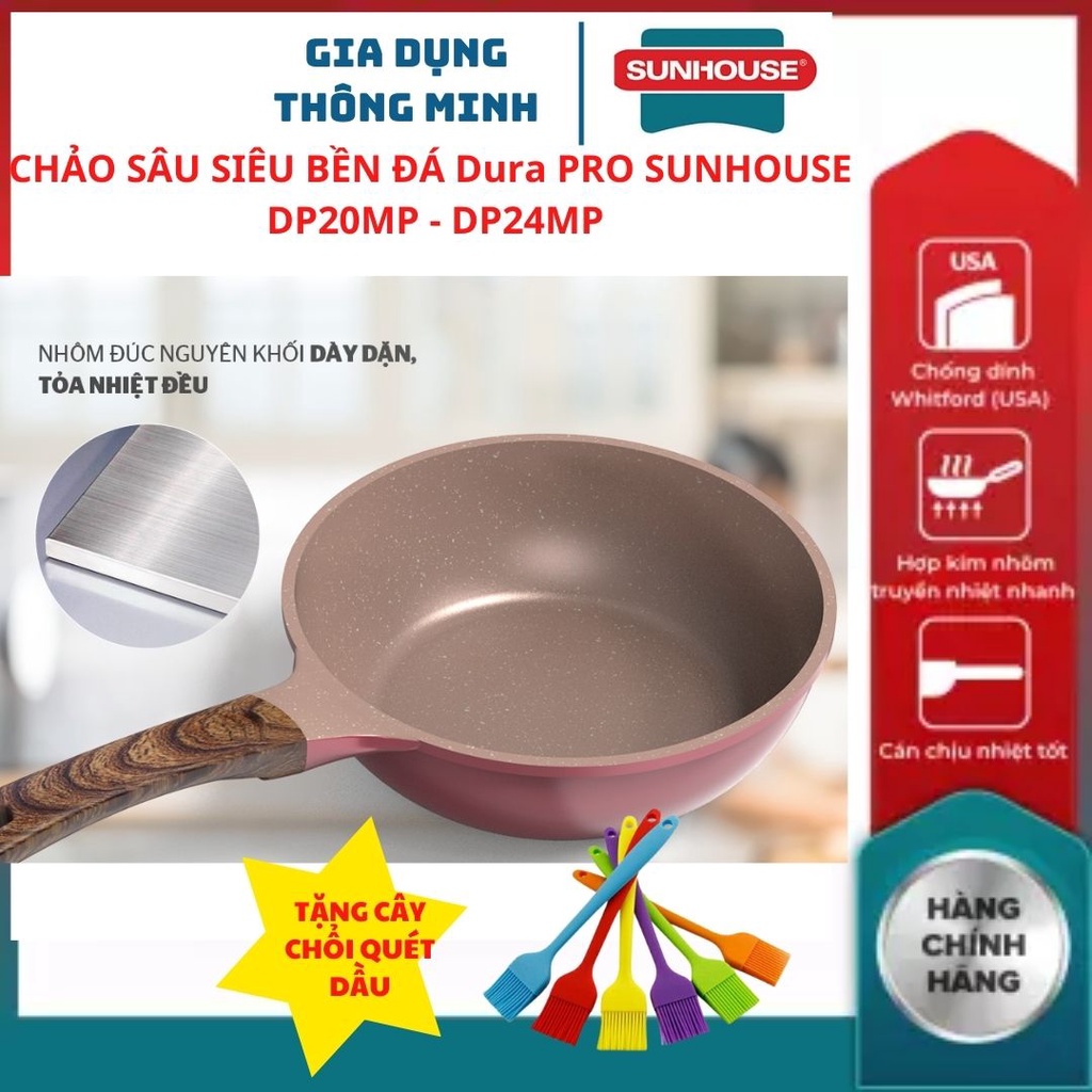 Chảo sâu chống dính siêu bền đá Dura pro SUNHOUSE DP20MP DP24MP 20cm 24cm chống dính 3 lớp đáy từ dù