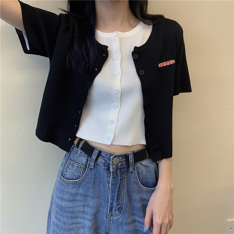 Áo cardigan ZHELIHANGFEI dệt kim ôm dáng tay ngắn phối một hàng nút thời trang