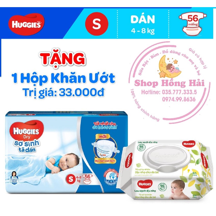 (Tặng khăn ướt) Tã/Bỉm dán sơ sinh Huggies S56/NB74