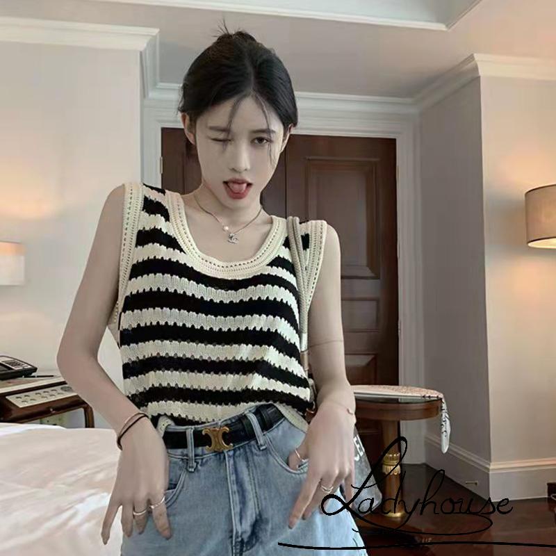 Áo Len Không Tay Họa Tiết Sọc Màu Sắc Tương Phản Thời Trang Cho Nữ