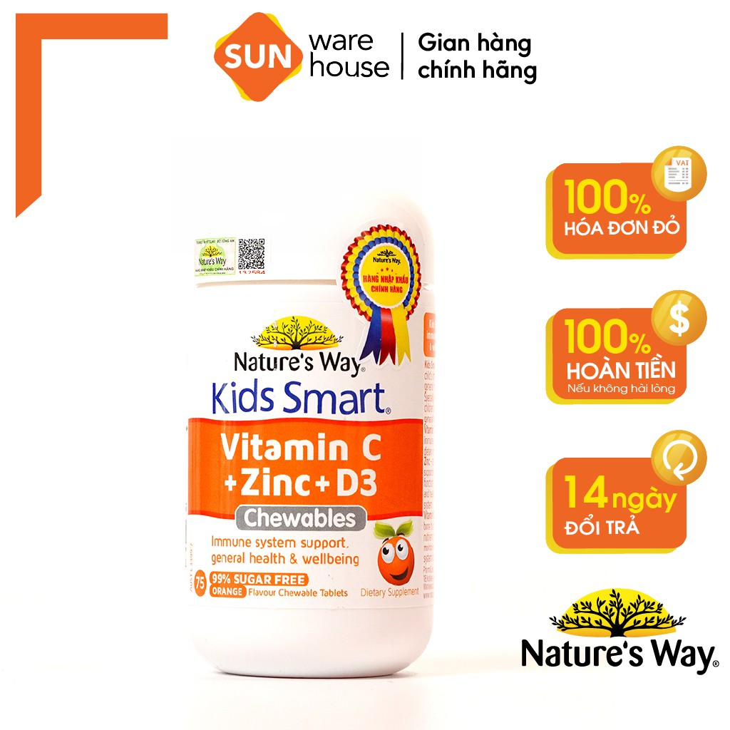 Viên Nhai Nature’s Way Kids Smart Vitamin C+ZinC+D3 Chewable Tablets Bổ Sung Vitamin Cho Bé Phát Triển Toàn Diện 75 Viên