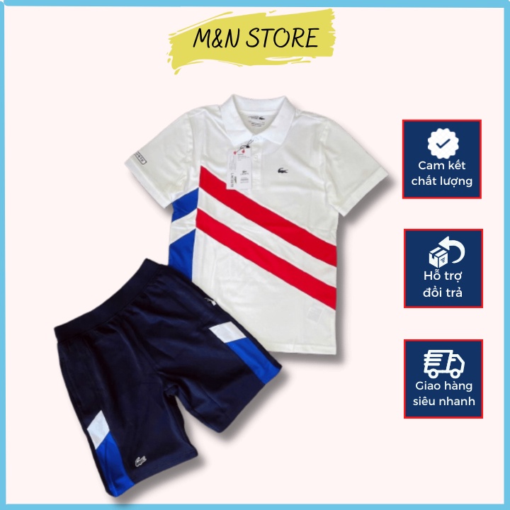 Bộ thể thao nam hè cổ bẻ phối kẻ sọc đỏ trắng chất liệu thun