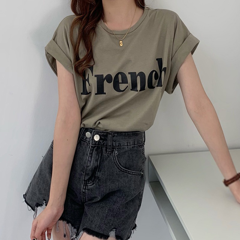 Áo Thun Nữ Ngắn Tay Cổ Tròn In Chữ Phong Cách Hàn Quốc