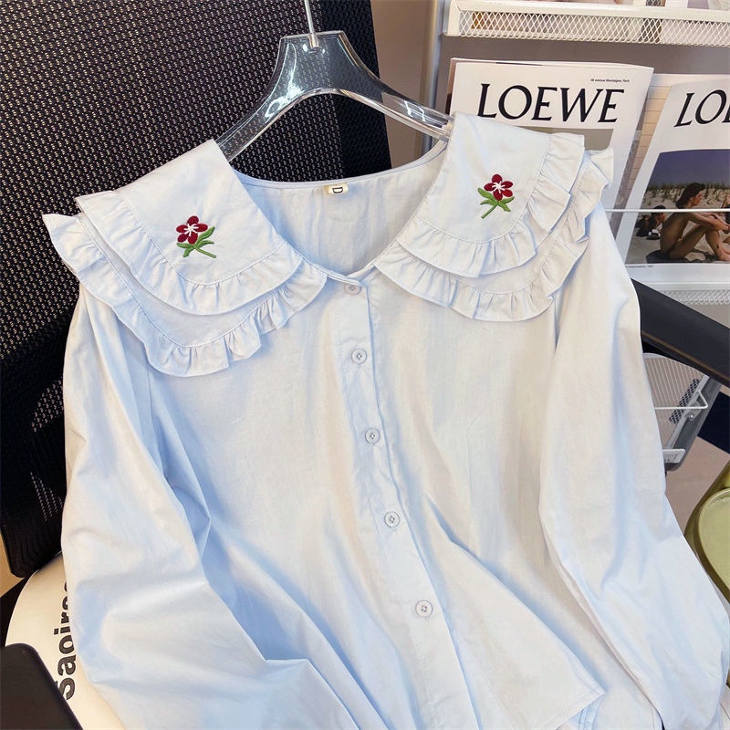 Áo Sơ Mi Tay Dài Dáng Rộng Cài Khuy Cổ Búp Bê Thêu Họa Tiết Màu Trơn Thoải Mái Thời