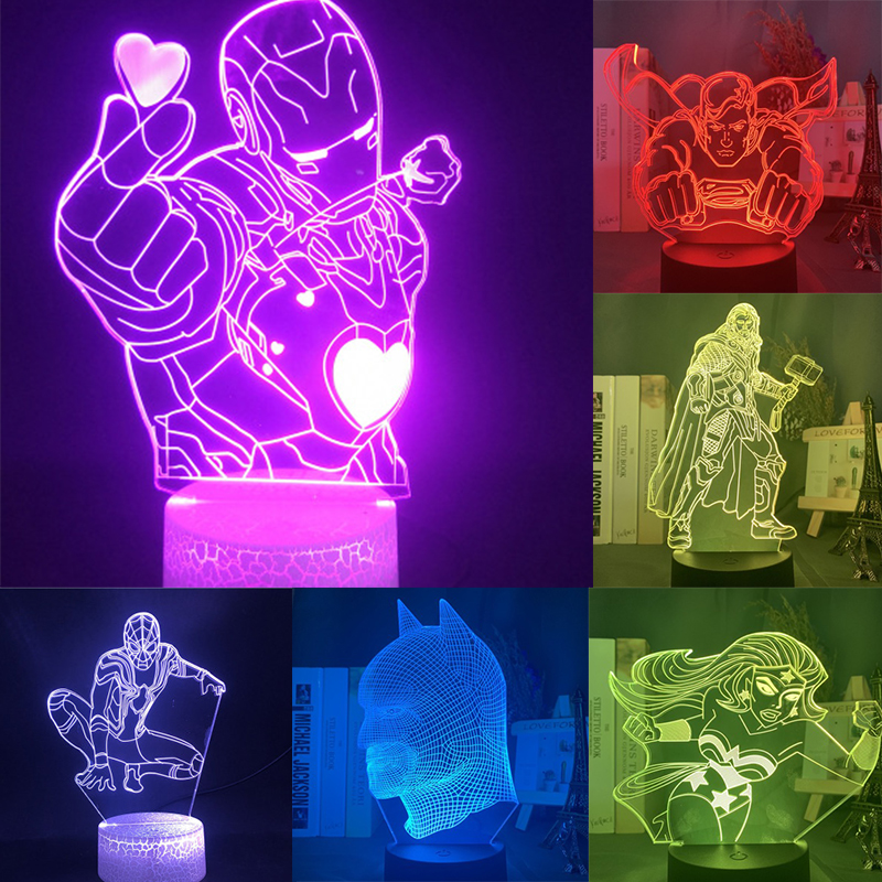 Đèn LED 3D Hình Siêu Anh Hùng The Avengers Iron Man Spider-Man Captain America Để Bàn Trang Trí Nhà Cửa / Văn Phòng