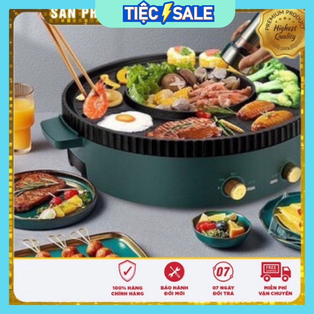 Bếp lẩu nướng đa năng không khói 2 TRONG 1 TRÒN CÓ 2 MÂM NHIỆT ĐỘC LẬP - BH 6 tháng 2 ngăn lẩu