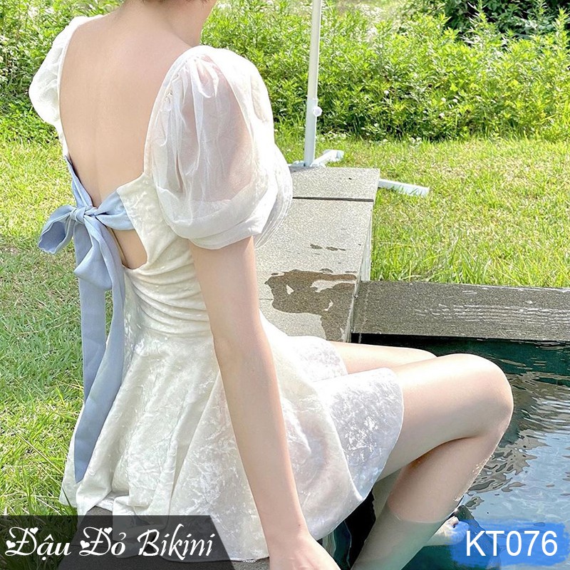 Đồ bơi nữ dáng váy thắt nơ điệu đà, chất nhung tuyết mềm, co giãn tốt, tay voan bồng xinh xắn | KT076