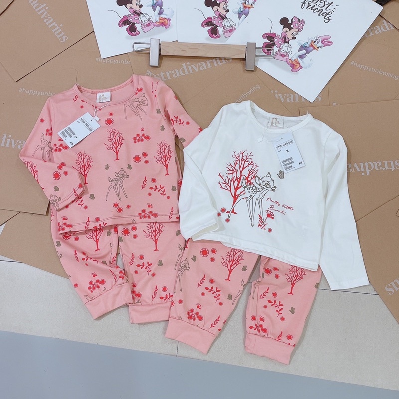 BG774- Set 2 Bộ Dài Tay Bé Gái Nai Trắng Hồng
