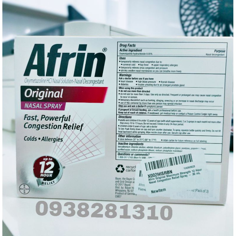 Afrin Original Maximum Strength 12 Hour Nasal Congestion Relief Spray 30 mL