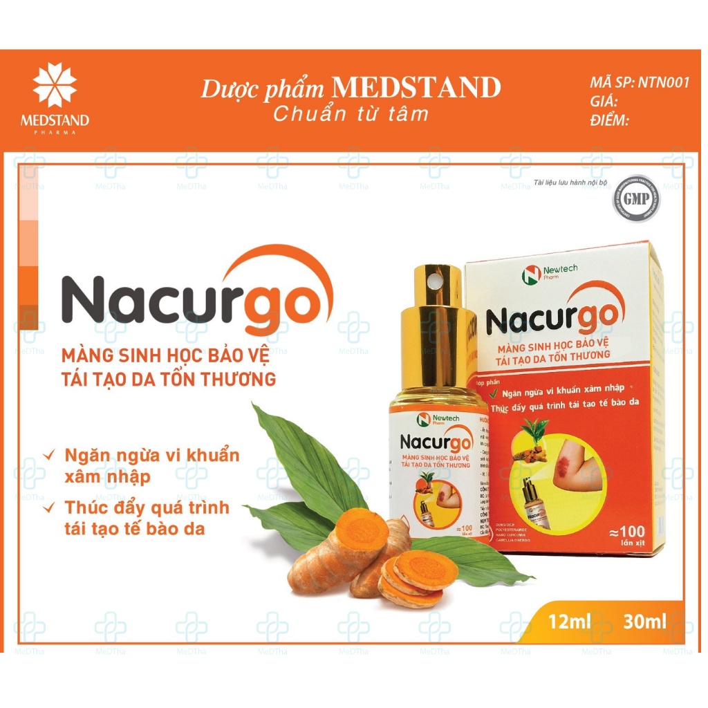 Xịt vết thương Nacurgo - Bảo vệ da, tái tạo da, rửa vết thương, hạn chế nhiễm trùng, sơ cứu vết bỏng (12, 30ml) Medstand