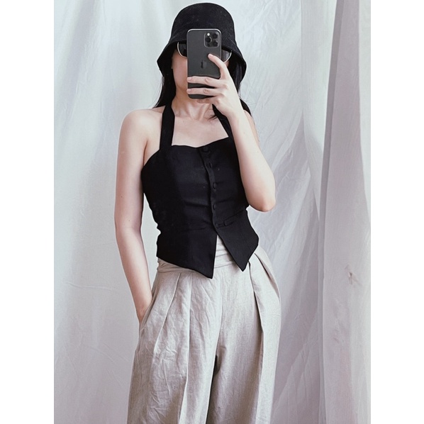 Áo kiểu nút bọc cá tính vải Linen