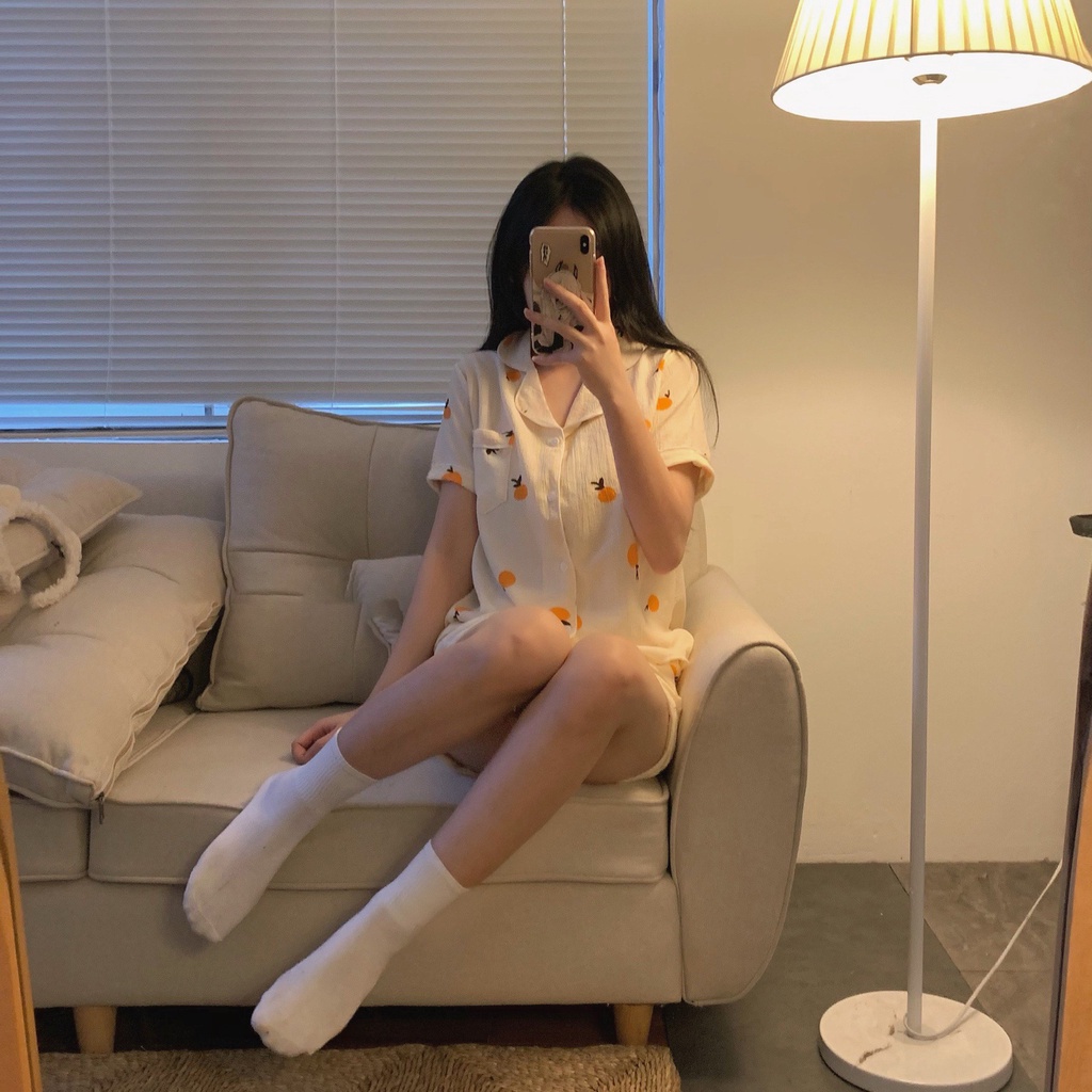 Bộ Đồ Nữ Pijama Cộc Tay Măc Nhà Chất Liệu Vải Xô Muslin Mềm Mịn Không Xù, Bộ Đồ Ngủ Gồm Áo Cốc Tay Và Quần Đùi Cho Nữ