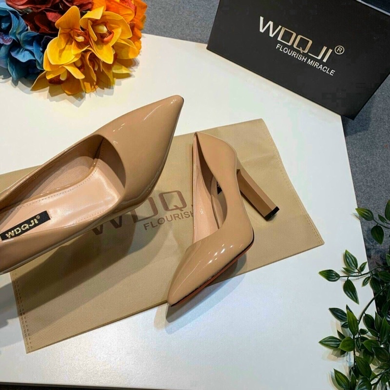 Giày cao gót wdqji gót vuông dẹt cao cấp màu be đậm