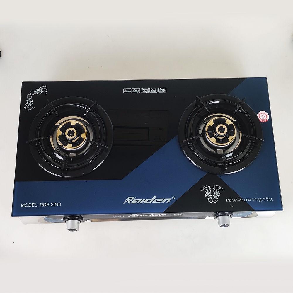 [Chính hãng] Bếp gas đôi mặt kính Raiden RDB-2240 đầu đốt đồng, điếu inox 304, kiềng men có chắn gió