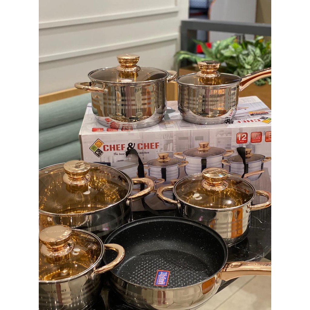 Bộ nồi CHEF&amp;CHEF 6 món chống dính inox cao cấp (Nấu được bếp từ, vung kính)