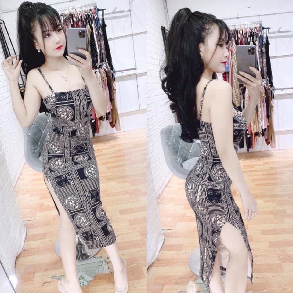 Váy đầm nữ body họa tiết hai dây xẻ tà có kèm mút ngực chất thun mềm mại, co dãn mặc mát và tôn dáng thích hợp đi tiệc