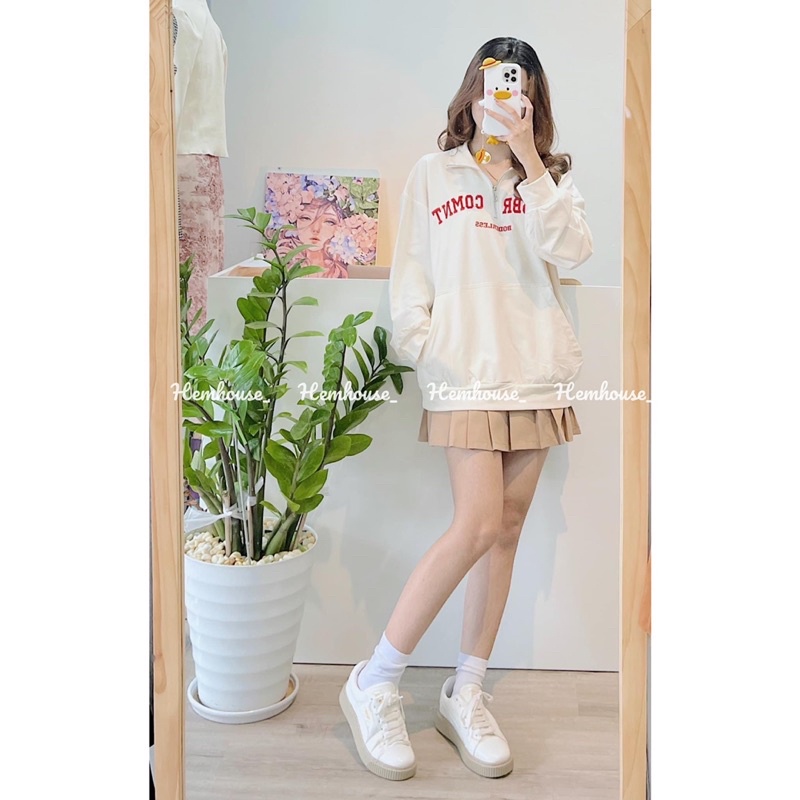 Set áo nỉ sweater thêu chữ kèm chan váy xếp ly nâu