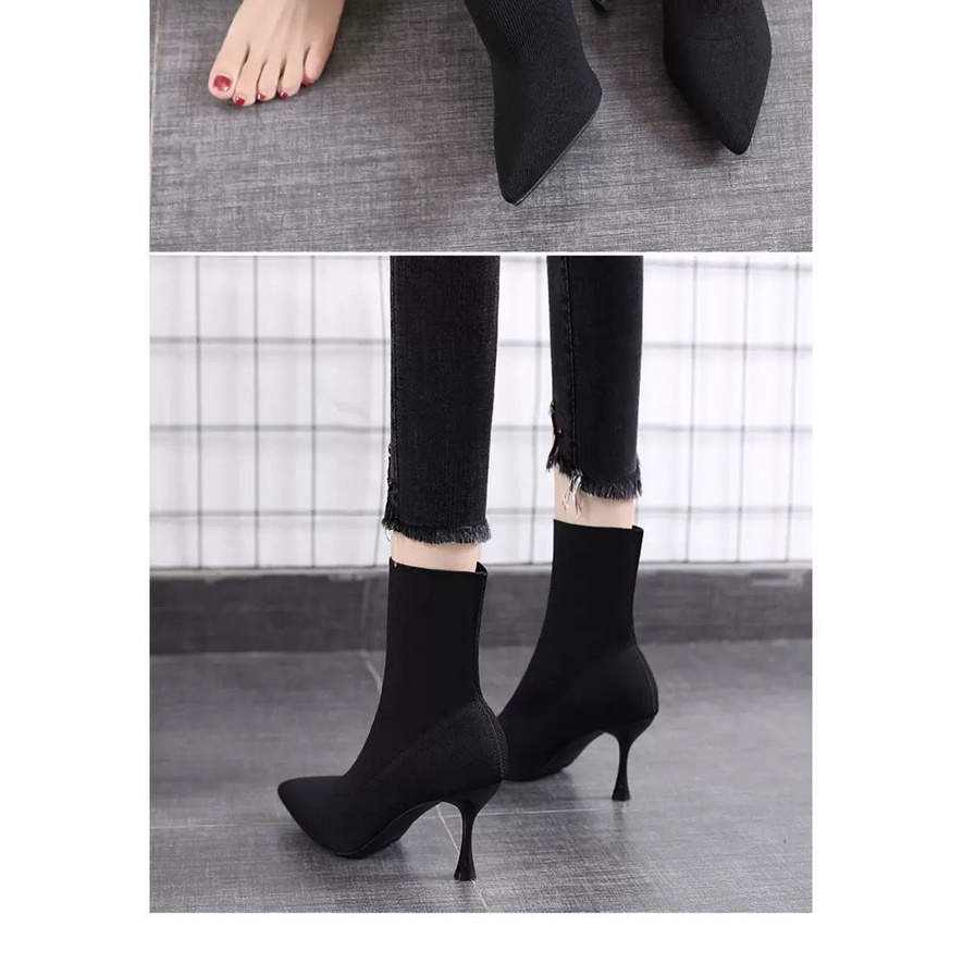 Giày Bốt Cao Gót Đan Len Mỏng Co Giãn Thời Trang Thu Đông Hàng Mới 2021