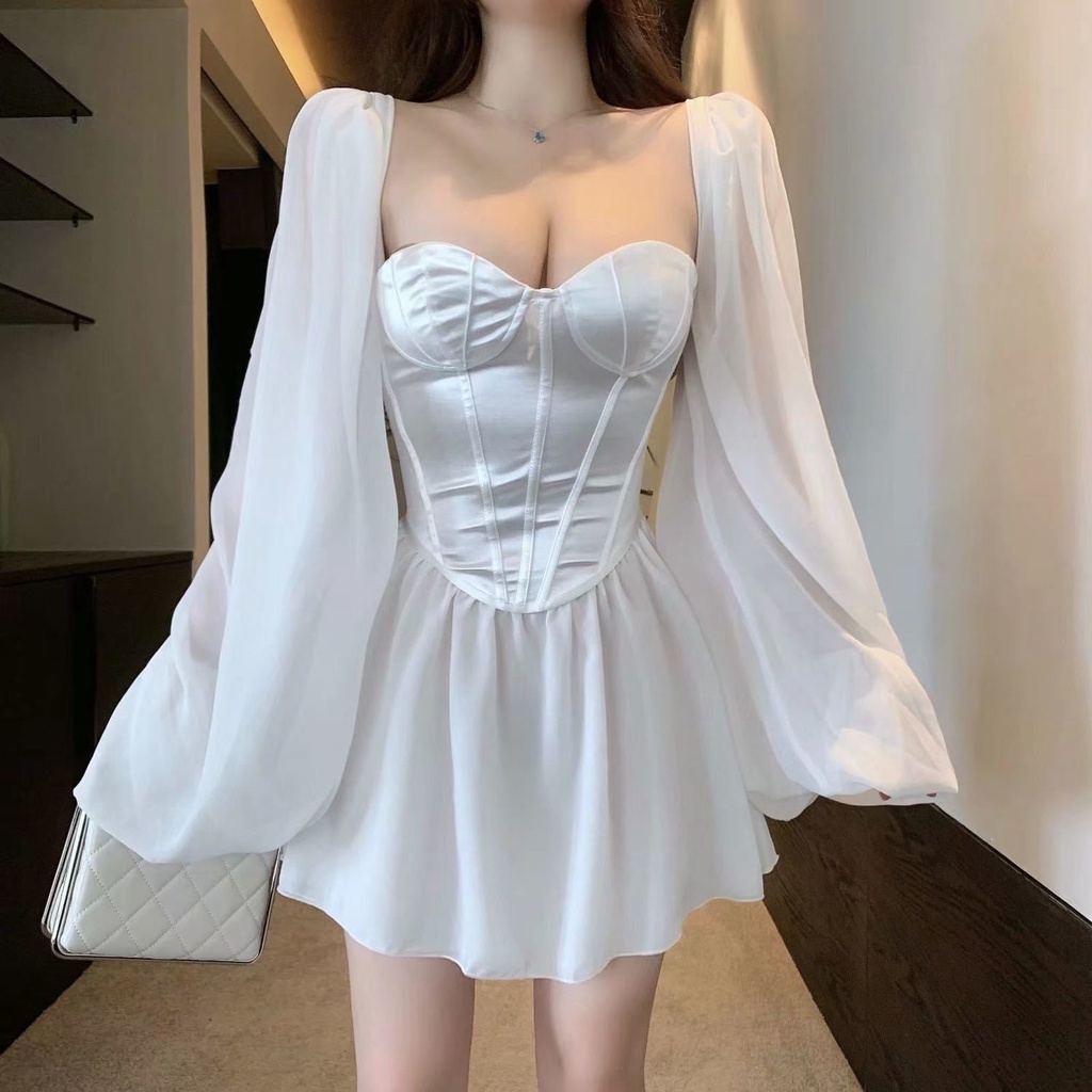 Đầm dài tay cổ vuông ngắn phong cách xinh xắn dành cho nữ