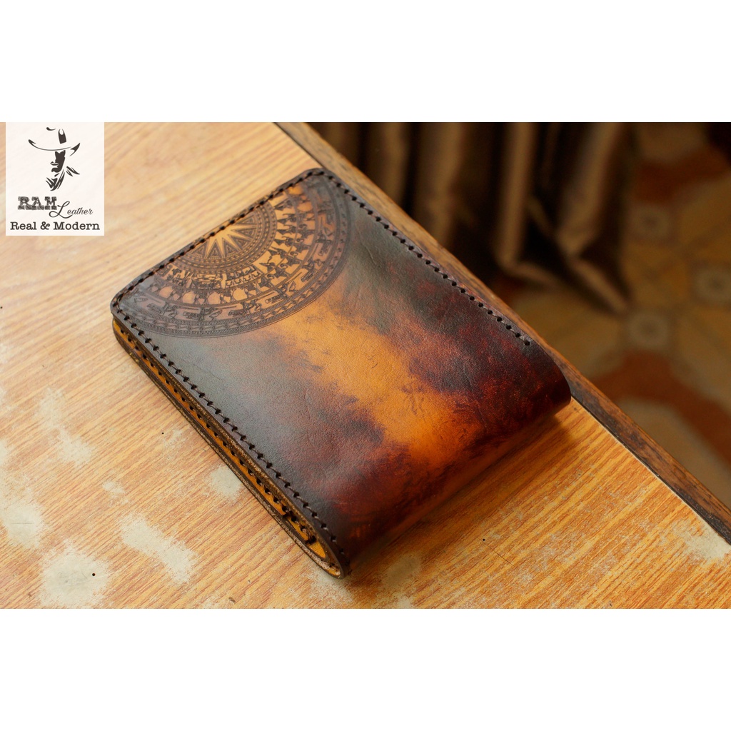 Ví nam Nữ Da Bò Italia Vegtan RAM Leather Màu Nâu Đỏ Trống Vàng