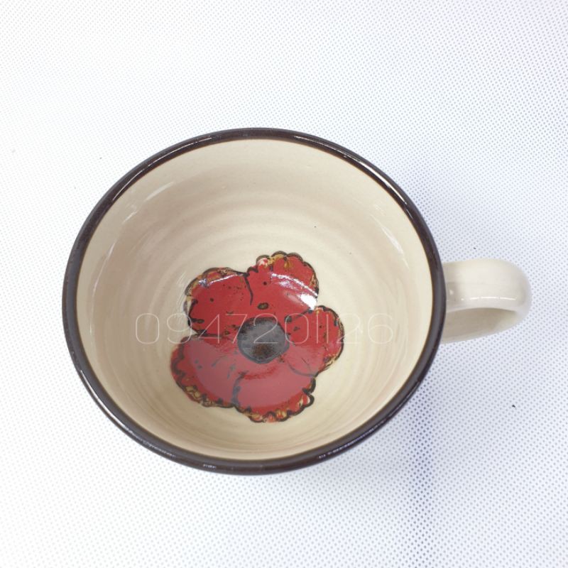 Bộ cốc tách capuchino 220ml vẽ hoa đỏ 3D. Bộ cốc có quai kèm đĩa. Gốm sứ Bát tràng