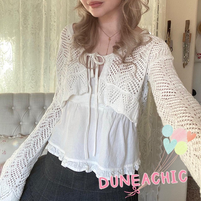 DUNEA Áo Khoác Cardigan Dệt Kim Dài Tay Phối Dây Thắt Thời Trang Dành Cho Nữ