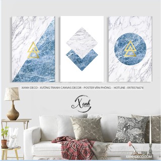 Bộ 3 tranh canvas hình khối nghệ thuật tông xanh TCVH91 tặng đinh treo tranh