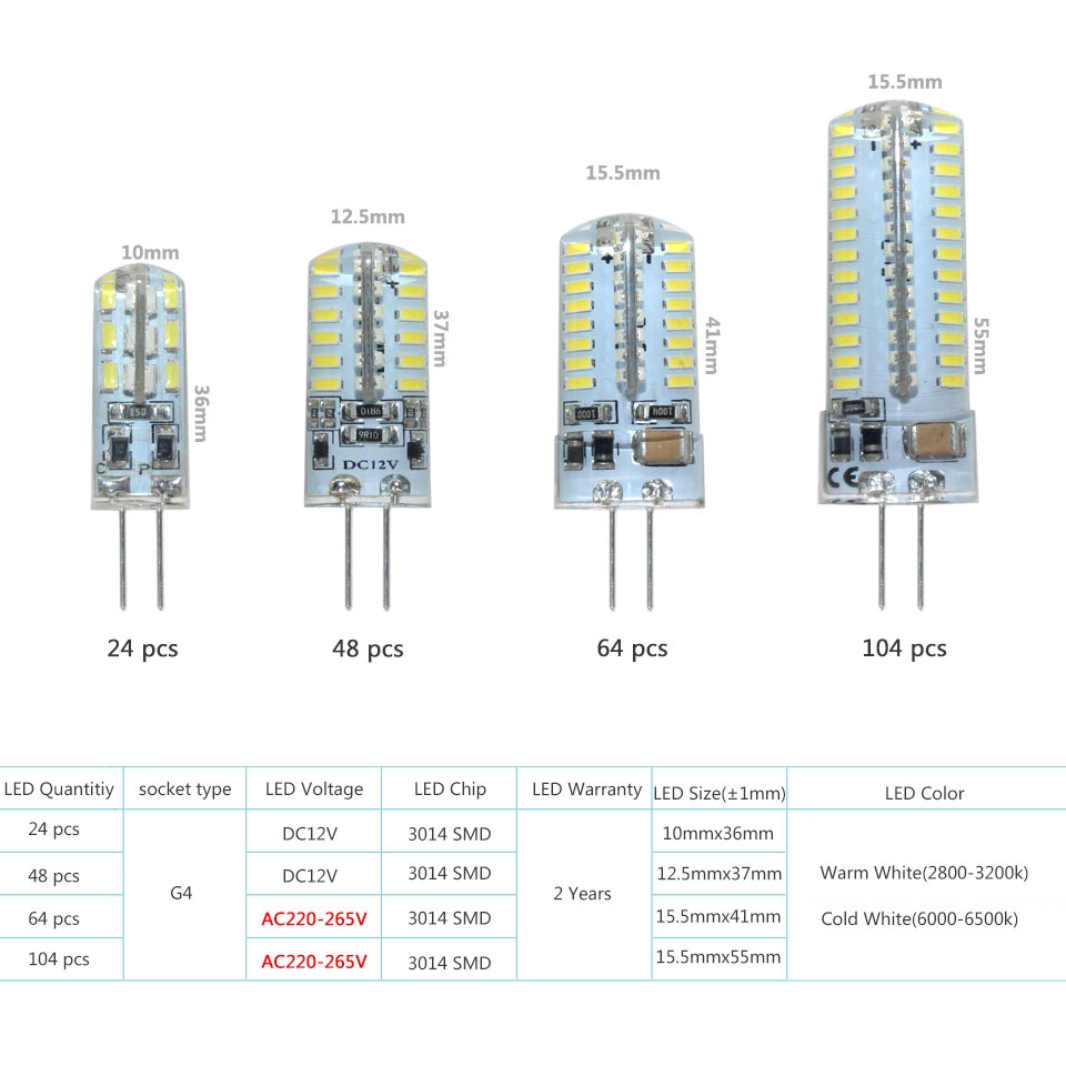 Bóng đèn G4 LED 3014 AC DC 12V 3W 6W