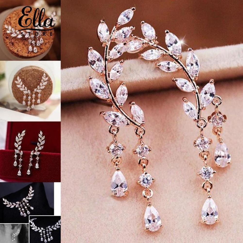 Ellastore Shiny Rhinestone Inlaid Leaves Shape Tassel Ear Stud lady Earring