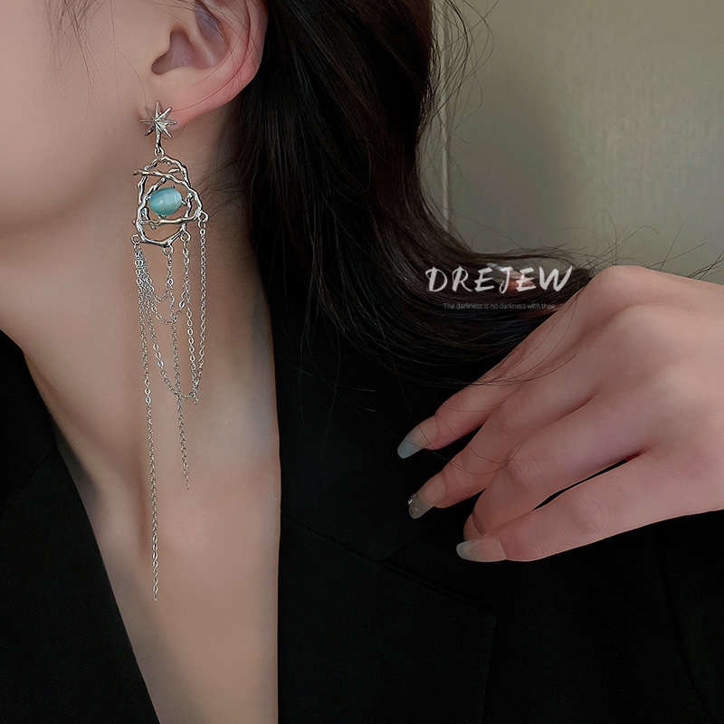 Bông Tai Bạc Dáng Dài Đính Đá Opal Phong Cách Âu Mỹ Cho Nữ