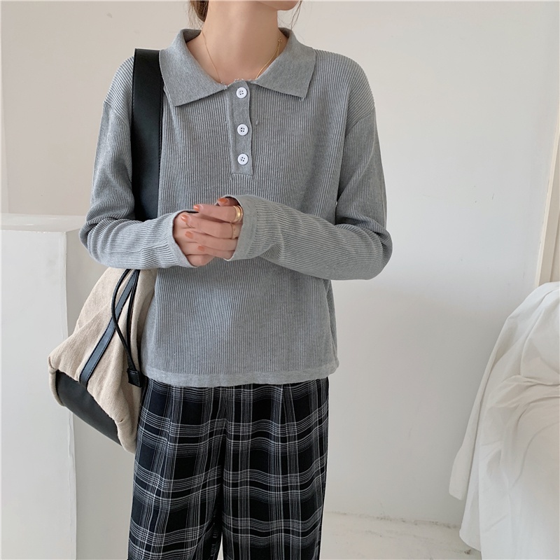 SUXI Áo Polo Dệt Kim Tay Dài Dáng Ôm Phong Cách Hàn Quốc Thời Trang Cho Nữ