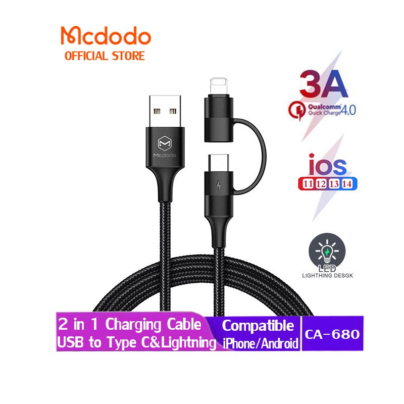 Dây cáp sạc nhanh Mcdodo USB 2 trong 1 Type-C/ Lightning dành cho iPhone Samsung Huawei Xiaomi