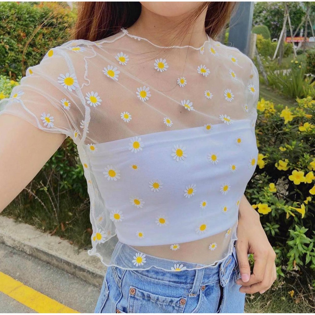 Set Croptop Lưới Hoa Cúc 🌸 Áo mỏng trong suốt kèm áo quây thun ôm body co giãn nữ SIÊU HOT 🌸 | BigBuy360 - bigbuy360.vn