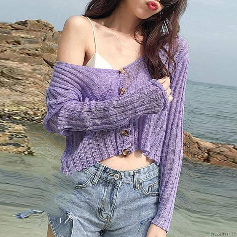 [Baywellfashion]Áo Cardigan dệt kim tay dài cổ chữ V chống ánh nắng mỏng | BigBuy360 - bigbuy360.vn