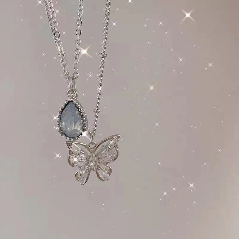 Vòng cổ hai lớp đính đá zircon mặt dây hình bướm màu xanh dương nhạt thời trang