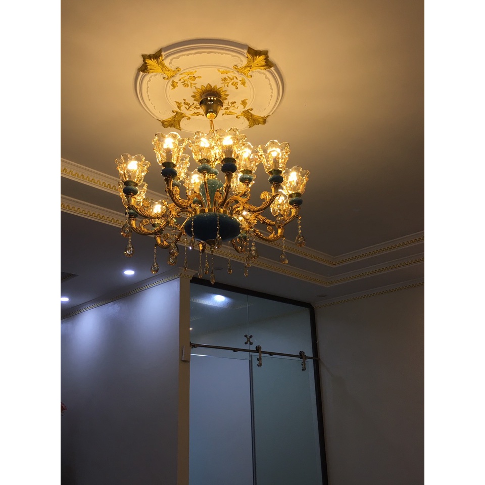 Đèn chùm tân cổ điển Bắc Âu cho Biệt Thự Nhà Nghỉ Khách Sạn tặng kèm bóng Led chao xanh vân đá
