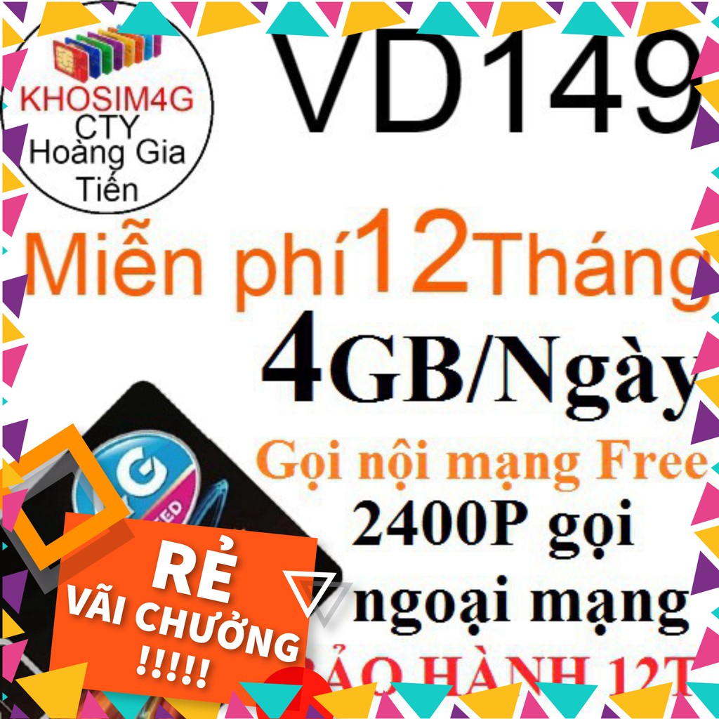 GIẢM KỊCH SÀN SIM 4G VINA VD149 12T KM 4GB/NGÀY vd89 TẶNG 2GB/NGÀY trọn gói 1 năm không cần nạp tiền hàng tháng %