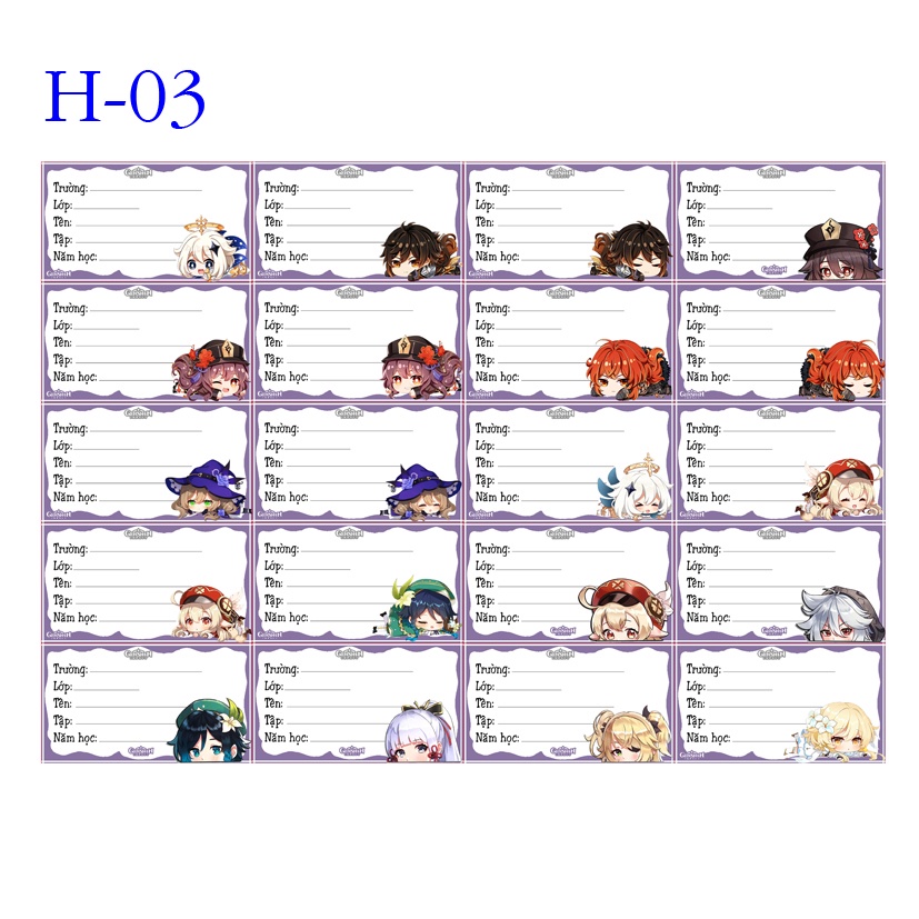Nhãn vở anime Gemshin Impact các mẫu đẹp lung linh 1 set 20 cái nhãn vở khác nhau