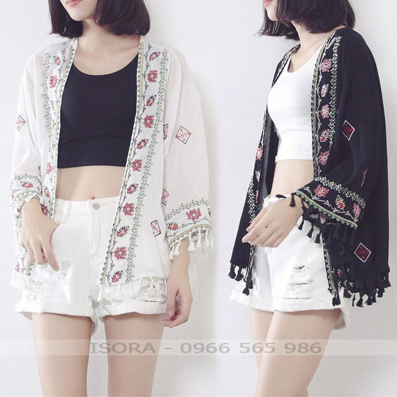 Áo kimono lửng thổ cẩm thêu