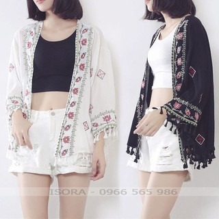 Áo kimono lửng thổ cẩm thêu