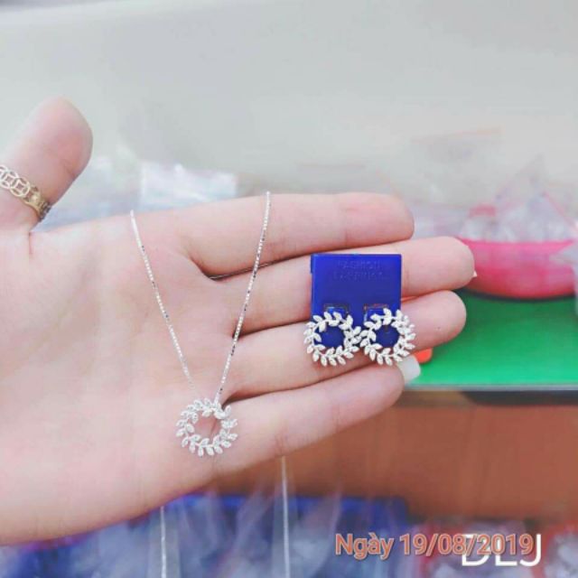 BỘ DÂY CHUYỀN BÔNG TAI LÁ BẠC ĐÍNH ĐÁ