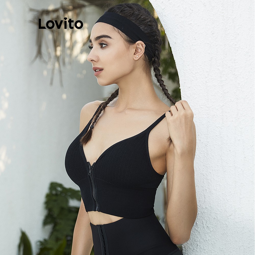 Áo ngực thể thao Lovito màu trơn có khóa kéo dành cho nữ(Black/Gray/Blue/Beige/Green/White)